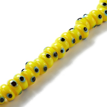 Handmade Evil Eye Lampwork Beads, Flat Round, Yellow, 9.5~10.5x5~5.5mm, Hole: 3.5~4mm, about 30pcs/strand, 5.71~5.91 inch(14.5~15cm)