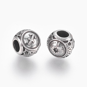 316 Surgical Stainless Steel European Beads, Large Hole Beads, Rondelle, Sagittarius, Antique Silver, 10x9mm, Hole: 4mm