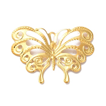 Iron Filigree Joiners, Etched Metal Embellishments, Butterfly, Golden, 42x59x1.5mm, Hole: 1.5mm & 1.8mm & 3mm