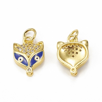 Brass Micro Pave Cubic Zirconia Charms, with Jump Ring & Enamel Evil Eye, Fox Head Charm, Golden, Blue, 13.5x10x3mm, Hole: 3mm
