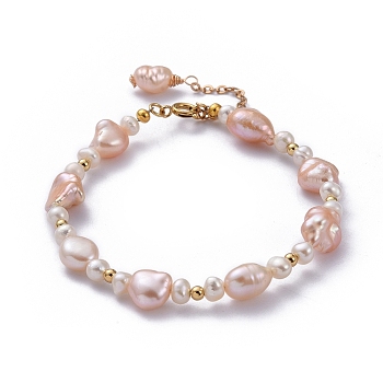 Natural Baroque Pearl Keshi Pearl Beaded Bracelets, with Brass Round Beads and 304 Stainless Steel Spring Ring Clasps, Pearl Pink, 7-1/2 inch(19cm)