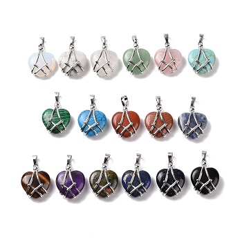 Natural & Synthetic Gemstone Pendants, with Platinum Tone Brass Findings, Cadmium Free & Lead Free, Heart, 25.5x20x8mm, Hole: 8x5mm