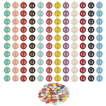 120Pcs 12 Colors Golden Plated Alloy Charms, with Enamel, Enamelled Sequins, Flat Round with Letter, Letter.Q, 14x12x2mm, Hole: 1.5mm, 10pcs/color