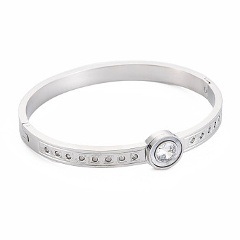 Crystal Rhinestone Flat Round Bangle, Stainless Steel Hinged Bangle for Women, Stainless Steel Color, Inner Diameter: 2x2-1/4 inch(5x5.8cm)
