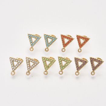 304 Stainless Steel Stud Earring Findings, with Rhinestone, Loop and Ear Nuts/Earring Backs, Triangle, Golden, Mixed Color, 15x13.5x2mm, Hole: 1.5mm, Pin: 0.8mm