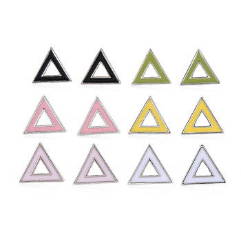 Brass with Enamel Stud Earring Findings, with Loop, Nickel Free, Triangle, Mixed Color, Real Platinum Plated, 12x14mm, Hole: 0.9mm, Pin: 0.6mm