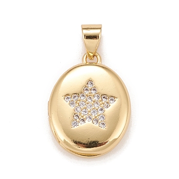 Brass Micro Pave Cubic Zirconia Locket Pendants, Photo Frame Charms for Necklaces, Real 18K Gold Plated, Lead Free & Cadmium Free, Oval with Star, Clear, 18.5x13.5x4.5mm, Hole: 4x3mm, Inner Diameter: 12x9mm