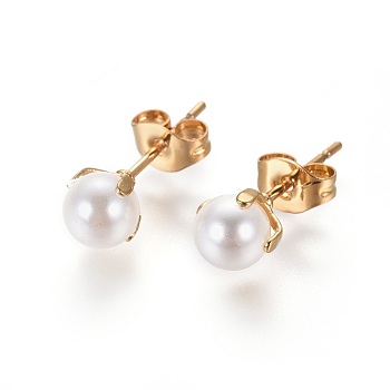 304 Stainless Steel Stud Earrings, with Imitation Pearl Acrylic Beads and Ear Nuts/Earring Back, Round, White, Golden, 17x5.5mm, Pin: 0.7mm, 12pairs/card