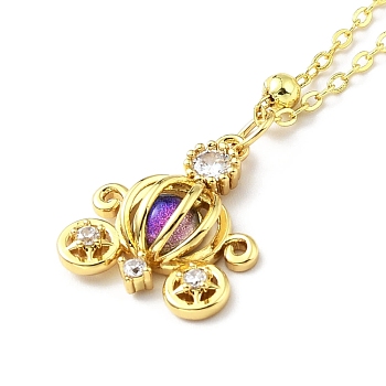 Cubic Zirconia Pumpkin Carriage Pendant Necklace with Synthetic Crystal Beads, Gold Plated Brass Jewelry for Women, Mauve, 17.13 inch(43.5cm)