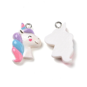 Opaque Resin Pendants, with Glitter Powder and Platinum Tone Iron Loops, Unicorn Charm, Light Sky Blue, 22.5x16x5.5mm, Hole: 2mm