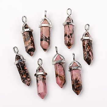 Natural Rhodonite Double Terminated Pointed Pendants, with Random Alloy Pendant Hexagon Bead Cap Bails, Bullet, Platinum, 37~40x12mm, Hole: 3mm