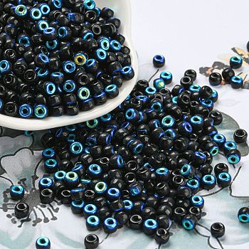 Metallic Colors Glass Seed Beads, Half Plated, Two Tone, Round, Midnight Blue, 6/0, 4x3mm, Hole: 1.4mm