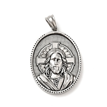 Tibetan Style 304 Stainless Steel Pendants, Religion, Oval with Man Pattern Charms, Antique Silver, 35.5x26x6mm, Hole: 5x7mm