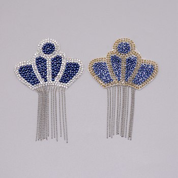 Crown Glitter Hotfix Rhinestone, Iron on Patches, Dress Shoes Garment Decoration, with Iron Tassel and Plastic Beads, Blue, 114x75x3mm