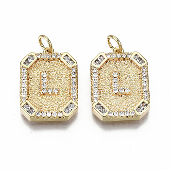 Brass Micro Pave Clear Cubic Zirconia Pendants, Nickel Free, Real 18K Gold Plated, Rounded Rectangle with Word, Letter.L, 19x14x2.5mm, Jump Ring: 5x0.7mm, 3mm inner diameter