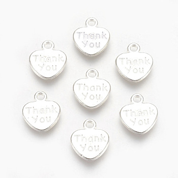 Tibetan Style Alloy Charms, Heart with Word Thank you, Lead Free & Cadmium Free, Silver, 12x11x2mm, Hole: 1.5mm