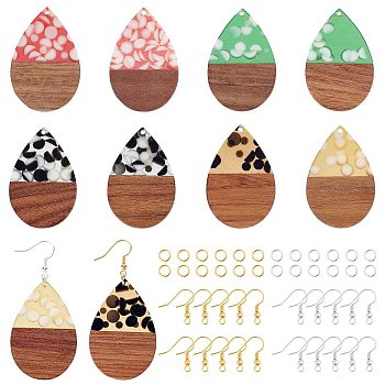 Olycraft Earring Making Kits, Including Resin & Walnut Wood Pendants, Brass Earring Hooks, Brass Jump Rings, Teardrop, Mixed Color, 47.5~48x31.5x3mm, Hole: 2mm