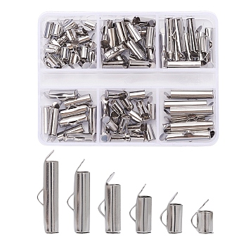90Pcs 6 Style 304 Stainless Steel Slide On End Clasp Tubes, Slider End Caps, Stainless Steel Color, 6x6~20x4mm, Hole: 3x1.5mm, Inner Diameter: 3mm