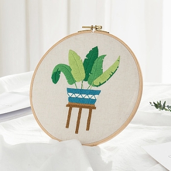 Banana Leaf Pattern DIY Embroidery Beginner Kit, including Embroidery Needles & Thread, Cotton Linen Fabric, Light Green, 27x27cm