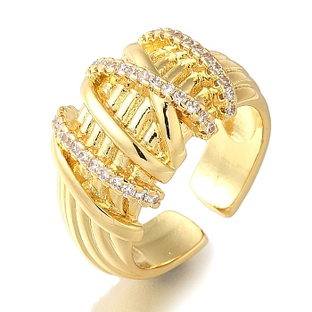 Rack Plating Brass Clear Cubic Zirconia Open Cuff Rings, Wide Band Ring for Women, Cadmium Free & Lead Free, Long-Lasting Plated, Real 18K Gold Plated, 13.5mm