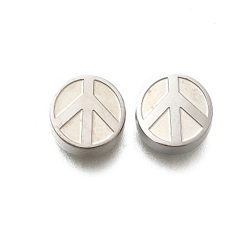 Brass Beads, Lead Free & Cadmium Free, Rack Plating, Platinum, Flat Round, Peace Sign, 9x4.8mm, Hole: 1.6mm