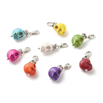 Skull Synthetic Howlite Pendant Decorations, with Brass Rhinestone Beads and Zinc Alloy Lobster Claw Clasps, Mixed Color, 48mm, Pendant: 28x14x18mm
