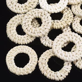 Handmade Reed Cane/Rattan Woven Linking Rings, For Making Straw Earrings and Necklaces,  Ring, Lemon Chiffon, 28~34x4~5mm, Inner Diameter: 8~15mm