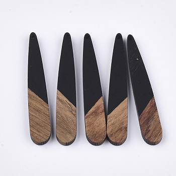 Resin & Walnut Wood Pendants, Teardrop, Black, 44x7.5x3mm, Hole: 1.2mm