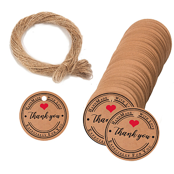 Kraft Paper Gift Tags, Hange Tags, with Hemp Rope, for Arts, Crafts and Food, Flat Round with Word Thank You, BurlyWood, Tag: 3cm, about 101pcs/bag, 1bag/set