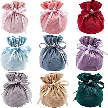 Velvet Jewelry Bags with Drawstring & Plastic Imitation Pearl, Velvet Cloth Gift Pouches, Mixed Color, 13.2x14x0.4mm, 9 colors, 2pcs/color, 18pcs/set