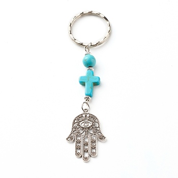 Synthetic Turquoise beads Keychain, with Tibetan Style Alloy Pendants, Spacer Beads and Iron Eye Pin, Cross & Hamsa Hand/Hand of Fatima/Hand of Miriam with Eye, 10cm