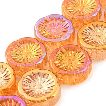Full Rainbow Plated Electroplate Glass Transparent Beads Strands, Flower, Dark Orange, 14x14.5x5.5mm, Hole: 1.2mm, about 45pcs/strand, 25.83 inch(65.6cm)