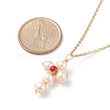 Collier pendentif croix tressée en agate rouge naturelle et perle(NJEW-JN03920-03)-5
