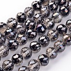 Electroplate Glass Bead Strands, Half Plated, Faceted, Round, Black Plated, 13.5mm, Hole: 2mm, about 18pcs/strand, 9 inch(23cm)(EGLA-J140-HP02-14mm)