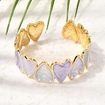 304 Stainless Steel Enamel Heart Open Cuff Bangles for Women, Golden, PVD Vacuum Plating, Lilac, Inner Diameter: 1.81~2.17 inch(4.6~5.5cm)(SA-CBA1A30-01B-G)