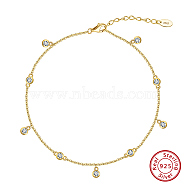 925 Sterling Silver Cable Chain Anklet, Micro Pave Cubic Zirconia Round Charm, Real 14K Gold Plated, 8-1/2 inch(21.5cm)(AJEW-Z029-08G)