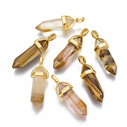 Tigerskin Glass Double Terminated Pointed Pendants, Dyed, with Random Alloy Pendant Hexagon Bead Cap Bails, Bullet, Golden, 37~40x12.5x10mm, Hole: 3x4.5mm(G-G902-C06)