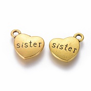 Tibetan Style Alloy Family Charms, Heart with Word Sister, Cadmium Free & Lead Free, Antique Golden, 14x18x3mm, Hole: 2.5mm(TIBEP-5429-AG-LF)
