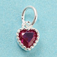 925 Sterling Silver Charms, with Cubic Zirconia, Faceted Heart, Silver, Medium Violet Red, 7x5x3mm, Hole: 3mm(STER-G035-01E-01)