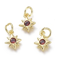 Brass Micro Pave Cubic Zirconia Pendants, with Jump Rings, Star, Real 18K Gold Plated, Red, 10x8x2mm, Hole: 3.5mm(KK-P188-H03-G)