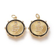 Brass Micro Pave Clear Cubic Zirconia Pendants, with Enamel, Long-Lasting Plated, Flat Round with Snake, Black, Golden, 24x22x2mm, Hole: 3.5mm(ZIRC-K086-13G)