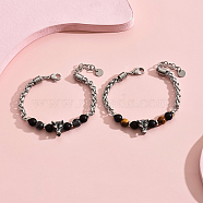 2Pcs 2 Style Natural Obsidian Beaded Bracelets Set, Wolf Stainless Steel Stackable Bracelets, Stainless Steel Color, 8-5/8 inch(22cm), 1Pc/style(VB2931)