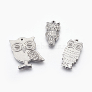 304 Stainless Steel Pendants, Owl, Stainless Steel Color, 25~29x12~27x3~4mm, Hole: 1.2~1.8mm(STAS-L212-011)