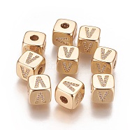 Brass Micro Pave Cubic Zirconia Beads, Horizontal Hole, Real 18K Gold Plated, Long-Lasting Plated, Cube with Letter, Clear, Letter.V, 9x9x9mm, Hole: 3.5mm(KK-K238-16G-V)