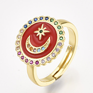 Adjustable Brass Micro Pave Cubic Zirconia Finger Rings, with Enamel, Flat Round with Moon and Star, Red, Size 7, 17mm(RJEW-S044-035B)