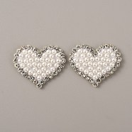 Plastic Imitation Pearl Beaded Iron on Appliques, with Non-Woven Fabric, Heart, White, 34x42x5mm(PATC-WH0005-02)