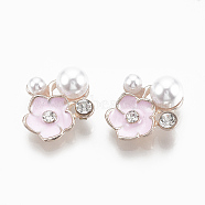 Alloy Cabochons, with Rhinestone and ABS Plastic Imitation Pearl, Enamel, Flower, Light Gold, Pearl Pink, 17x16x8mm(X-PALLOY-S065-04)