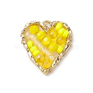 Japanese Seed & Glass Beaded Pendant, with Real 18K Gold Plated Alloy Findings, Heart, Yellow, 22.5x21x4mm, Hole: 1.5mm(PALLOY-TA00017-04)