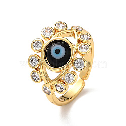 Lampwork Evil Eye Open Cuff Ring with Clear Cubic Zirconia, Real 18K Gold Plated Brass Jewelry for Women, Black, Inner Diameter: 18mm(RJEW-L104-03G-03)