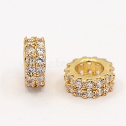 Brass Micro Pave Cubic Zirconia Beads Flat Round Spacer, Golden, 7.5x3mm, Hole: 4mm(ZIRC-D026-07G)